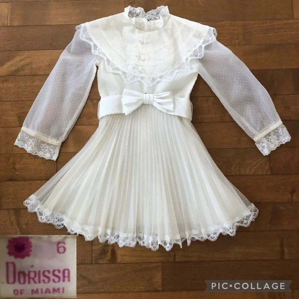 1978 Dorissa of Miami Swiss Dot Lace Pleated Ivory Dress age 6
